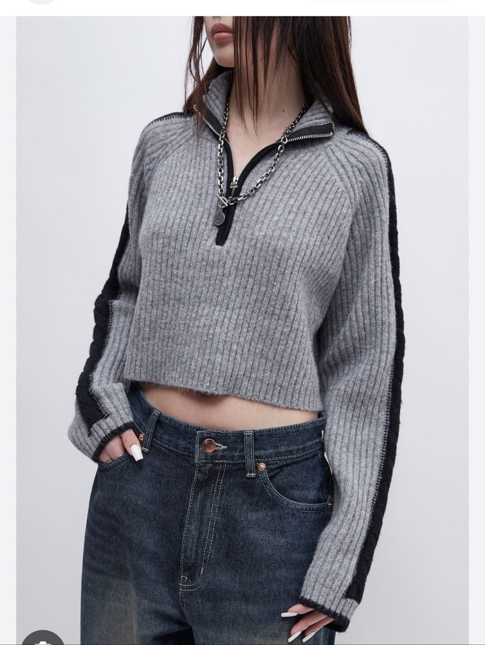 OAK + FORT Grey Ribbed Cropped Half-Zip Sweater with Black Stripe